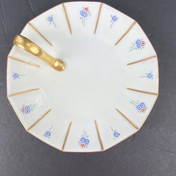 Nappy Plate Candy Trinket Dish Stripes Flowers White Gold Marked Germany Round - Picture 2 of 12